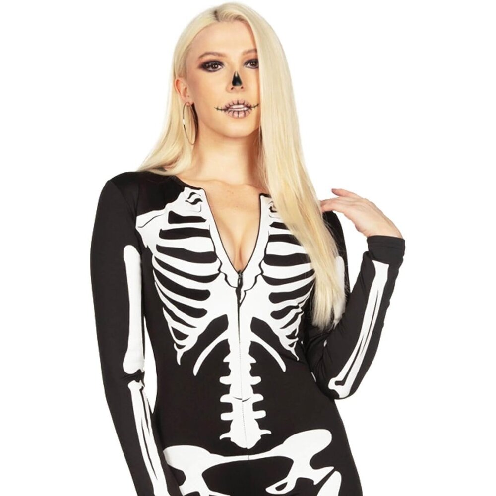 Women's White Skeleton Form Fitting Bodysuits Halloween Sexy Skeleton Costume - Picture 2 of 7